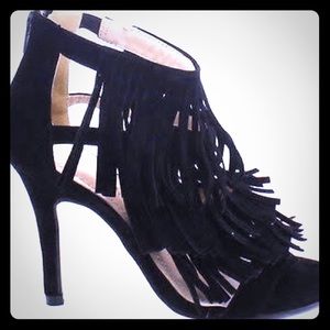 Fringe black suede heels